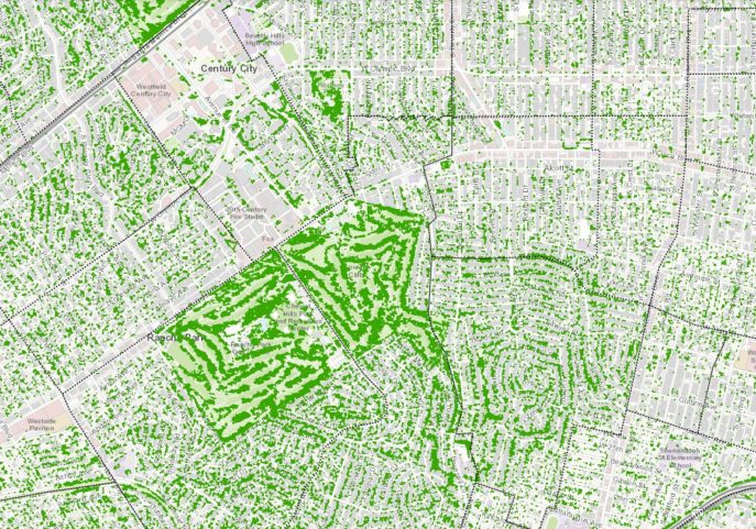 An image of an aerial map showing tree canopy over a city.