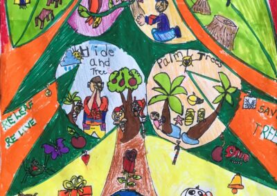 Big tree with gifts underneath and the earth on a hand with mini images of a bird and a birdhouse, hide and seek, a dog and cat, and flowers