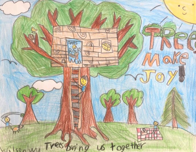 tree with a treehouse and sunshine and words saying "Trees Make Joy!"