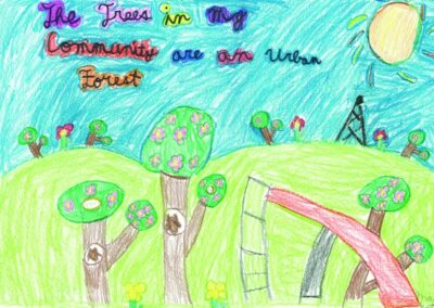 Artwork depicting trees and a playground with words that read the trees in my community are an urban forest