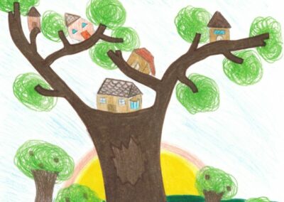 Artwork depicting a large tree with houses sitting on the branches and words that read The trees in my community are an urban forest