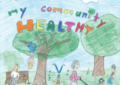 Artwork depicting a park with children playing under a tree in the tree and people walking their dog and sitting under the tree on a bench with words that read trees make my community healthy