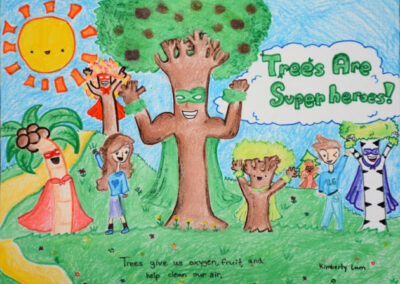 Artwork depicting five trees as superheroes with children cheering with words that read Trees are Super Heroes