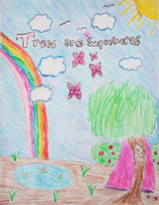 Artwork depicting a tree with a cape rainbows and flowers with a sunny blue sky, with the words Trees are Superheroes