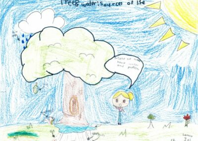 Artwork depicting a tree being rained on, with a young girl looking up at the tree, words saying Trees and water sources of life