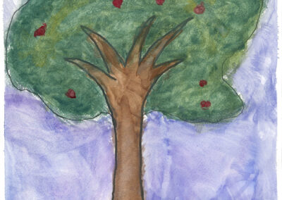 Artwork of a large tree with words that read Growing Happy Communities