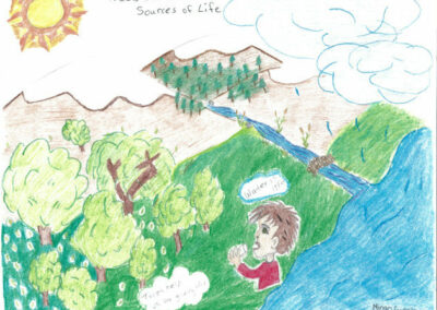 Artwork depicting a river, forest, and a boy saying water is life