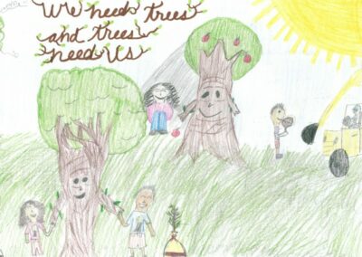Artwork of children holding hands with trees with words reading We Need Trees and Trees Need Us