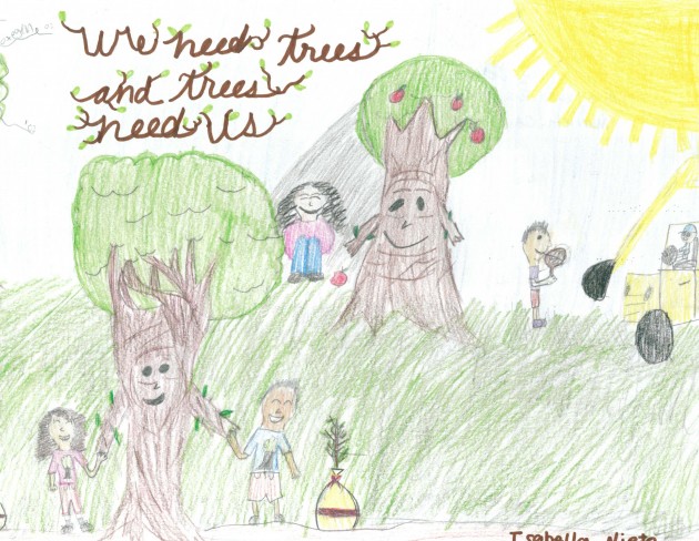 Artwork of children holding hands with trees with words reading We Need Trees and Trees Need Us