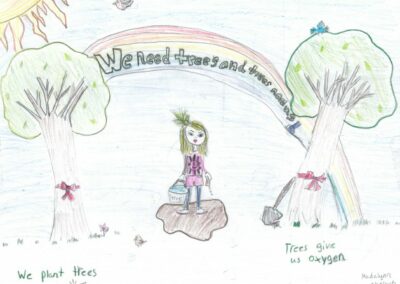 Artwork depicting a girl standing between two trees with rainbow over head with words that read We Need Trees and trees need us