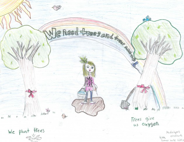 Artwork depicting a girl standing between two trees with rainbow over head with words that read We Need Trees and trees need us