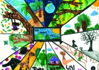 Artwork with the image divided in segments depicting trees, branches, leaves, earth, tree swings, bird nests, shade and animals with words that read We need trees...trees need us