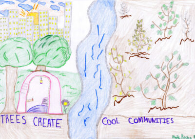 Artwork depicting trees in the city with a river at the center and words that says trees create cool communities