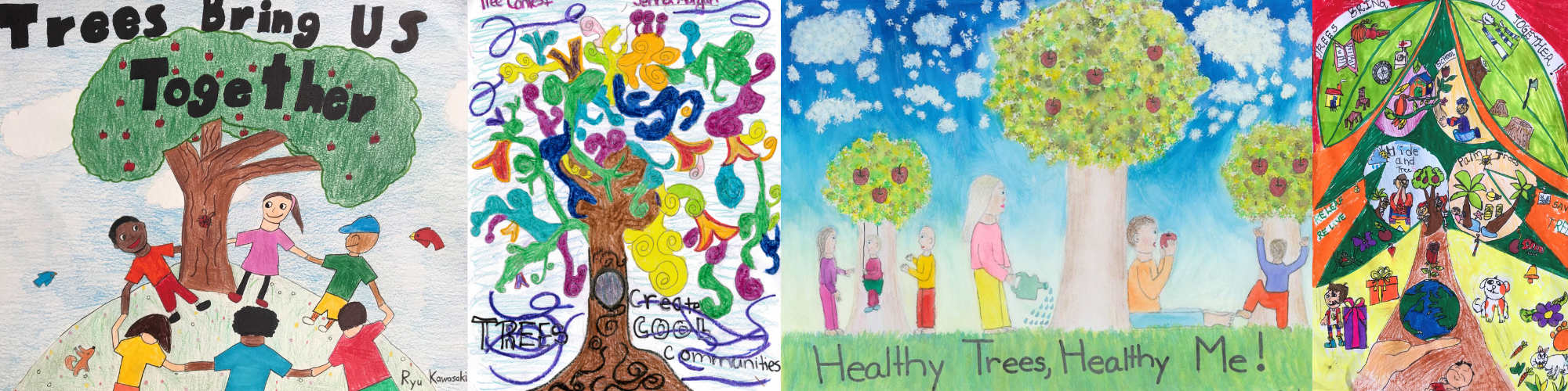 Children's artwork depicting trees, people caring for trees, and enjoying the benefits of trees