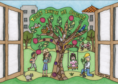 Artwork depicting children playing under a tree with animals living in the tree a man planting a tree and words that read "Trees invite me outside"