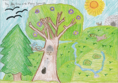 Image depicting trees the sun, a creek, wildlife and the sun with words saying "Trees Invite me outside"