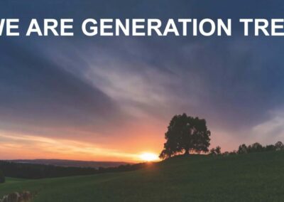 Image of a tree at sunset with words that read We are Generation Tree