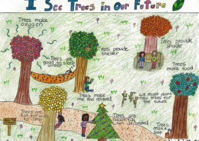 Children's Artwork of trees with poeple and animals enjoying the gift of trees with words that read "I see trees in our future"