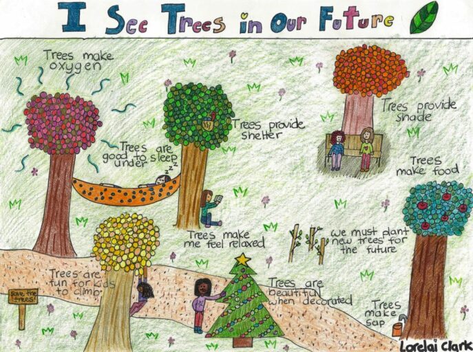 Children's Artwork of trees with poeple and animals enjoying the gift of trees with words that read "I see trees in our future"