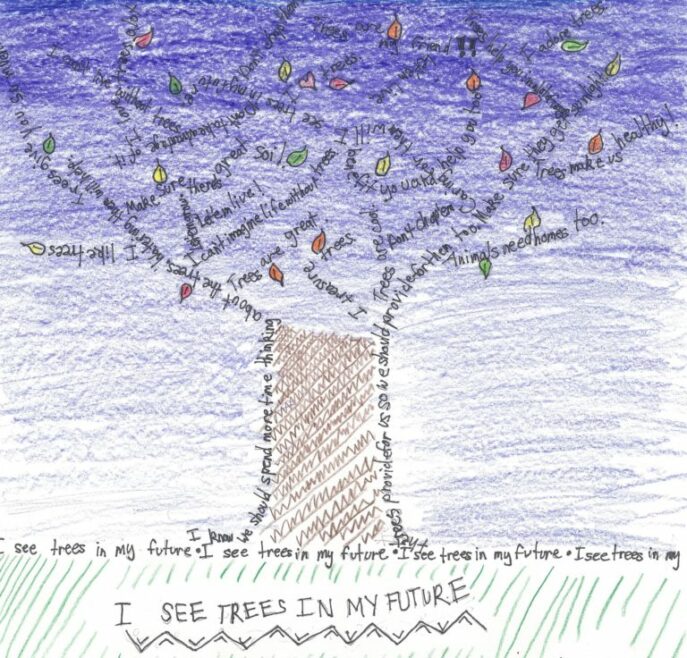 Children's Artwork depicting a tree with writing that says "I see trees in my future"