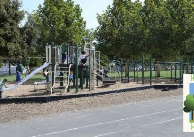 Слика деце која се играју у школском терену са дрвећем