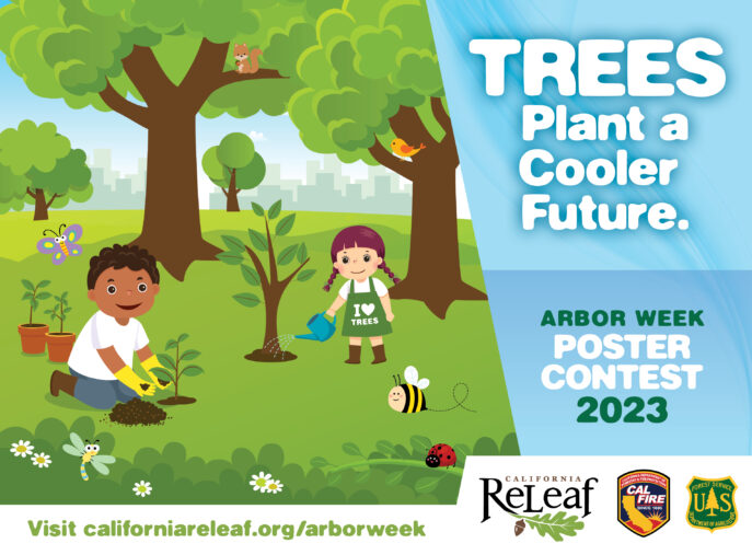 Image Showing Children Planting Trees with the words "Trees Plant a Cooler Future, 2023 Arbor Week Poster Contest"