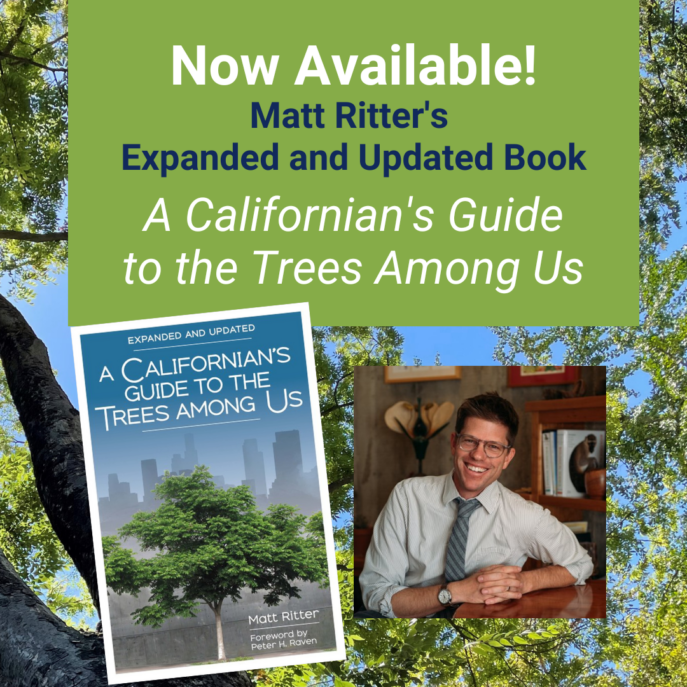 Image showing book cover and a picture of Matt River with words that read "Now Available! Matt Ritter's expanded and updated book A Californian's Guide to Trees Among Us"