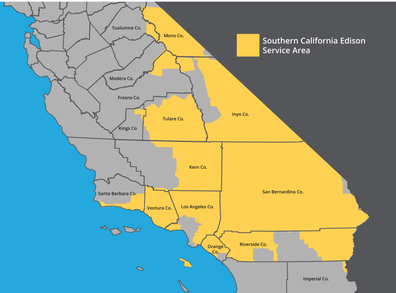 Map showing the counties that Southern California Edison provides service to