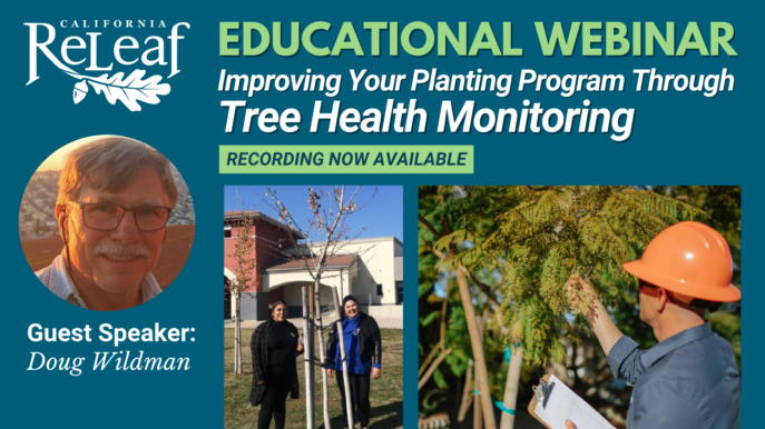 Pictures of people with trees and words that read Educational Webinar Improving Your Planting Program Thorugh Tree Health Monitoring with Guest Speaker Doug Wildman
