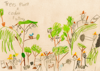 Artwork by a child featuring a tree and words that read trees plant a cooler future.
