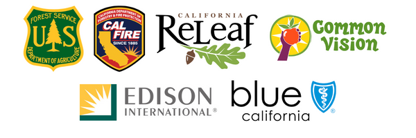 Logos left to right US Forest Service, CAL FIRE, California ReLeaf, Common Vision, Edison International, and Blue Shield of California