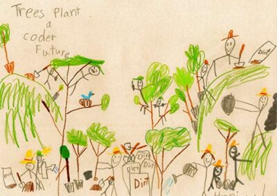 2023 California Arbor Week Poster Contest Winner Henri Wiedmer featuring children's art of stick figures planting trees.