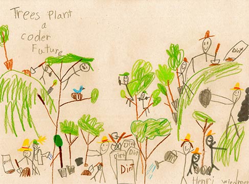 2023 California Arbor Week Poster Contest Winner Henri Wiedmer featuring children's art of stick figures planting trees.