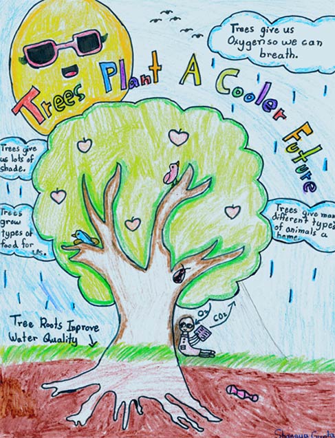 California Arbor Week Poster Contest Winner Shanaya Gupta Naturalist Award - children's art featuring a tree and a sun with glasses and words that read Trees Plant a Cooler Future