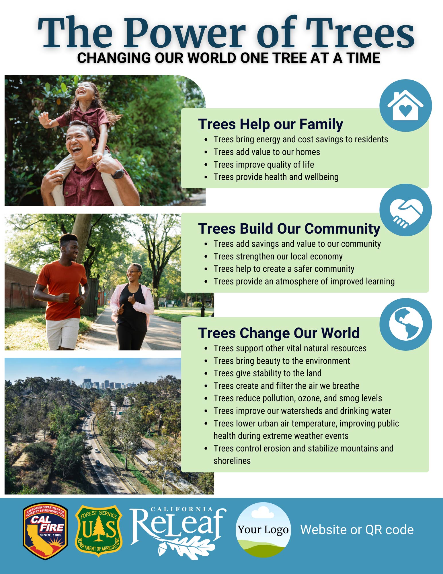 دی پاور آف ٹریز فلائر ٹیمپلیٹ کا پیش نظارہ تصویر جس میں درختوں کے فائدے کے بارے میں معلومات کے ساتھ ساتھ درختوں اور لوگوں کی تصاویر بھی شامل ہیں۔