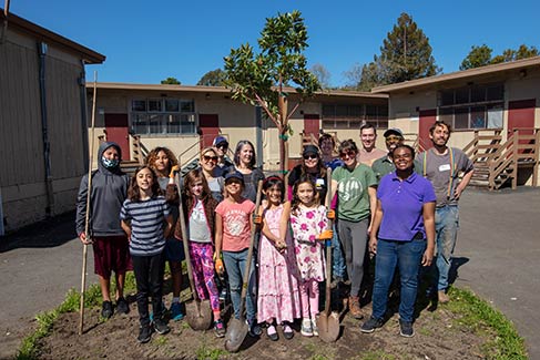 California ReLeaf Growing Green Communities Grantee Urban Montessori based in Oakland California - group of students and adults standing near a newly planted tree on their school campus