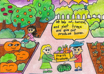 2024 Arbor Week Youth Poster Contest Winner Technique Award - artistul Adam Sadi. Opera de artă prezintă copaci și o grădină comunitară, precum și cuvinte pe care scriu: „Îmi plac copacii pentru că...”