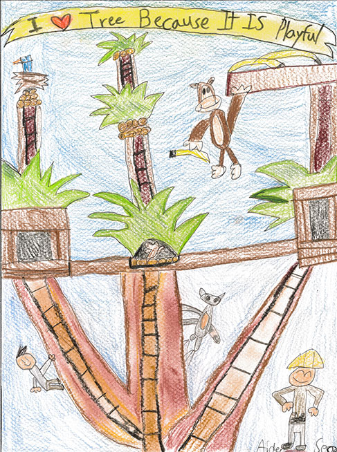 2024 Arbor Week Youth Poster Contest Winner Adam Seo. Art features animals and children playing in a tree.