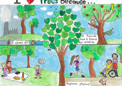 2024 Arbor Week Youth Poster Contest Winner Thematic Award- artist Aanya Verma. The artwork features trees; reasons, why the artist loves trees, include visual representations of shade, brining people together, improving physical and mental health and animal habitat.