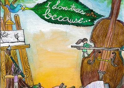 2024 年植树周青年海报大赛想象力奖获奖者 - 艺术家 Ava La。作品以树木、水果、鸟类和木制物品（小提琴、纸张等）为特色，并写着“我爱树，因为……”。