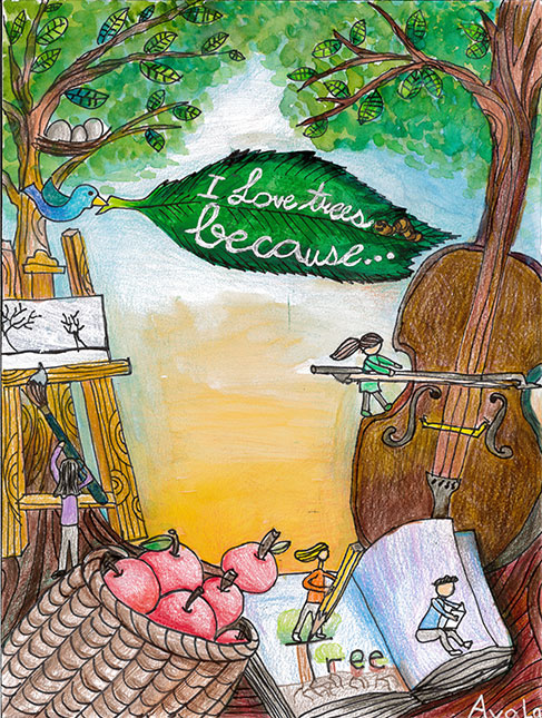Anugerah Imaginasi Pemenang Pertandingan Poster Remaja Minggu Arbor 2024- artis Ava La. Karya seni menampilkan pokok, buah, burung dan barangan yang diperbuat daripada kayu - biola, kertas, dsb. dan perkataan yang berbunyi "Saya suka pokok kerana..."