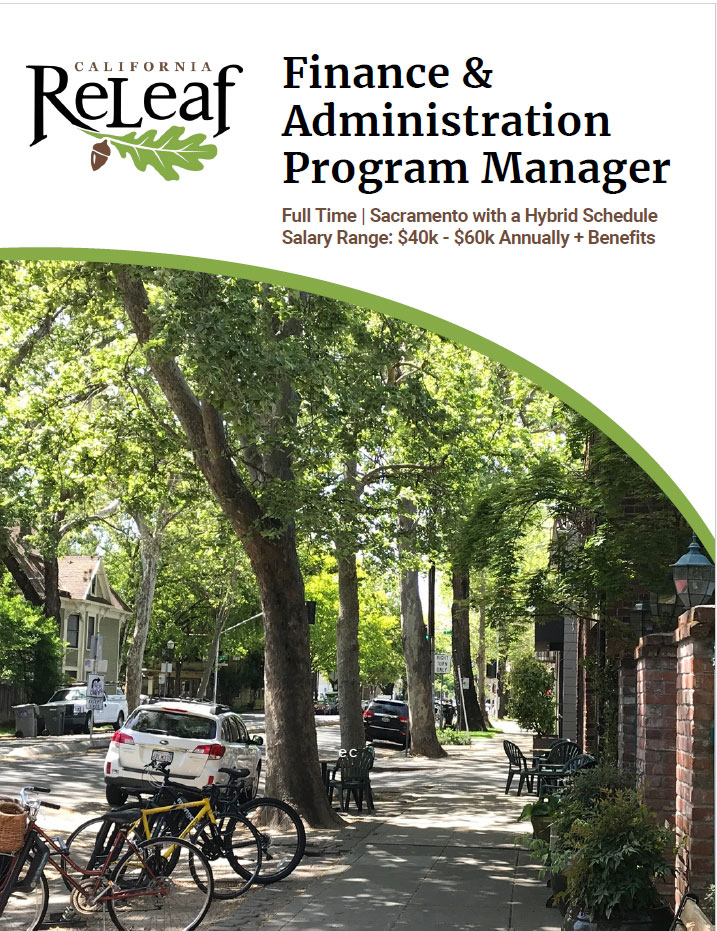 California ReLeaf Job Opening Finance and Administration Program Manager PDF cover featuring urban tree