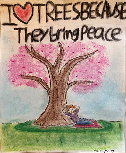 2024 Arbor Week Youth Poster Contest Honorable Mention Winner. Artist Malia Tzeng featuring a tree a a person relaxing underneath its shade.
