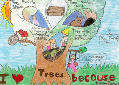 2024 Arbor Week Youth Poster Contest Winner Naturalist Award - artista Twisha Gosalia. Opera de artă prezintă copaci; motivele pentru care artistul iubește copacii, includ reprezentări vizuale ale umbrei, lemnului, habitatului pentru animale și purificarea aerului.