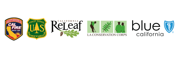 wspólne logo prasowe CAL FIRE, US Forest Service, California ReLeaf, LA Conservation Corps i Blue Shield of California
