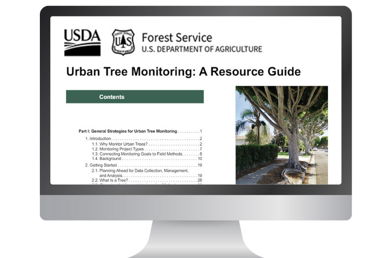 USDA Forest Service Logos and an image of the USDA Forest Service Urban Tree Monitoring Field Guide Resource Guide Cover