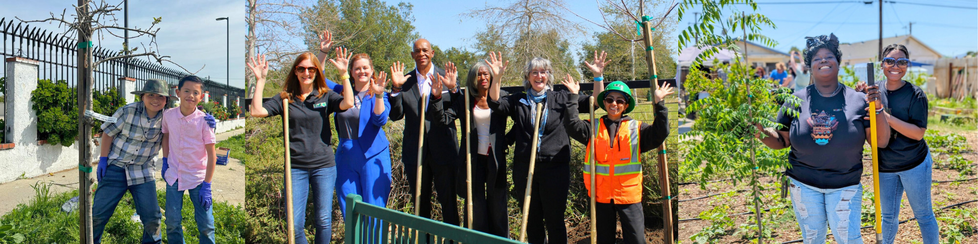 California Arbor Week Grantees featuring an image of two young boys posing near a newly planted tree, a group of adults with shovels posing with their hands up, and two women posing with a tree to be planted.