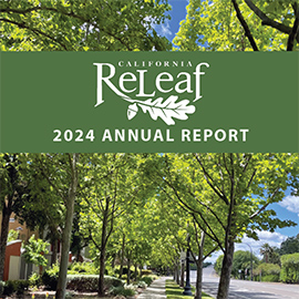 An image of a tree lined street with bring green canopy and blue skies. The image also features California ReLeaf's Logo and words that read 2024 Annual Report