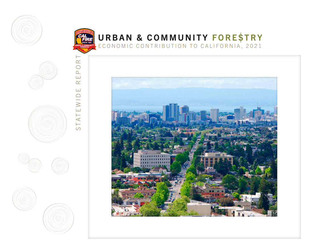 Report Cover featuring an image of a California City with urban tree canopy and words that read Urban and Community Forestry Economic Contribution to California, 2021 statewide report